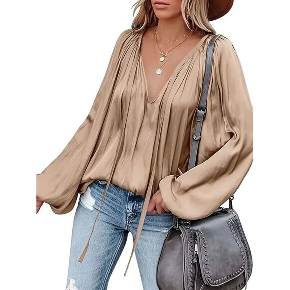 Chic V-Neck Satin Boho Blouse L Khaki Hippie Brunch Spring Fall Trendy - Picture 6 of 9